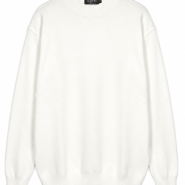 White knit crewneck sweater laid flat with ribbed cuffs and hem; brand label GOTTI visible at neckline