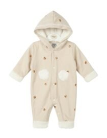 Cream colored baby onesie with hood and white faux fur trim printed with small cookies and cloud patches