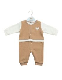 Brown quilted baby romper with creamwhite sleeves on a hanger small white heart emblem on chest