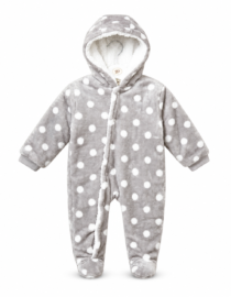 Grey fleece baby onesie with white polka dots hooded and footed a cozy outfit for a infant