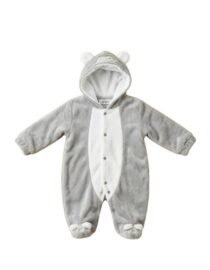 Gray plush baby onesie with hood and small ears white front panel and paw shaped feet
