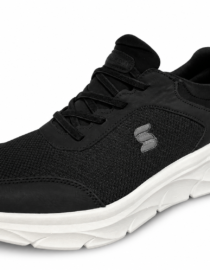Black athletic sneaker with a thick white sole displayed on a metal shoe rack