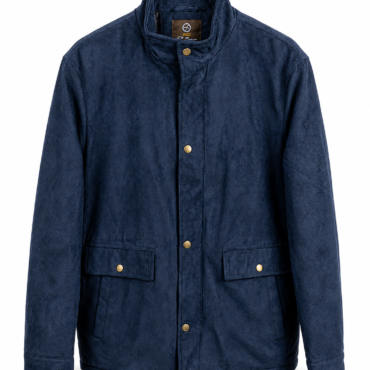 Navy blue jacket on a hanger with brass snap buttons and two front flap pockets at hip level.