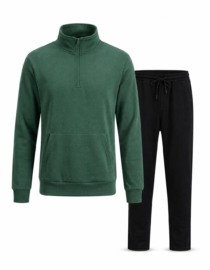 Green pullover hoodie with front pocket and stand up zipper paired with black jogger pants inset details highlight fabric and fit