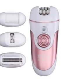 Pink and white electric shaver with three detachable attachments trimmer detail trimmer and foil heads shown beside the body unit