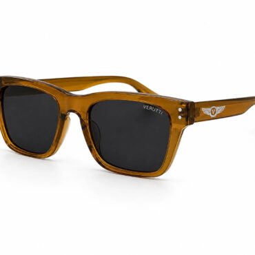 Brown tortoiseshell sunglasses with dark lenses and a chunky square frame; Verutti logo on the right lens edge and temple detail with a winged emblem.