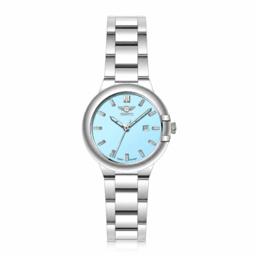 Silver stainless steel wristwatch with a light blue dial, date window at 3 o'clock, and silver baton hour markers on a polished bracelet.