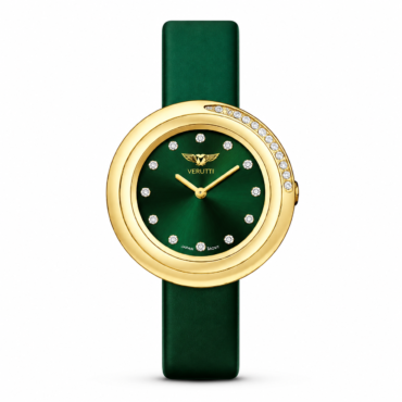 Gold-tone circular watch with a green dial, diamond hour markers, and a green strap.