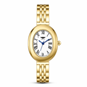 Gold pocket watch with Roman numeral dial and blue hands on a matching gold chain