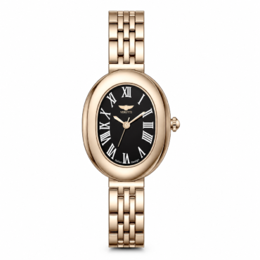 Rose-gold women's wristwatch with a black Roman-numeral dial and metal link band (partial view).