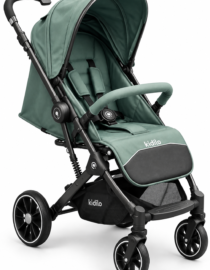 Green Kidilo baby stroller with sun canopy padded seat and black frame viewed from the side