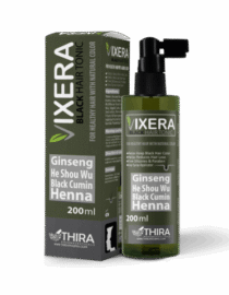 Green VIXERA Black Hair Tonic bottle with a pump beside its box label lists Ginseng He Shou Wu Black Cumin Henna 200 ml