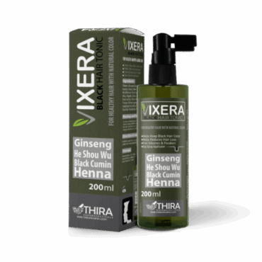 Green VIXERA Black Hair Tonic bottle with a pump beside its box; label lists Ginseng, He Shou Wu, Black Cumin, Henna (200 ml).