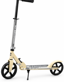Cream colored kick scooter with black wheels and padded handlebars shown from the side