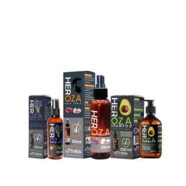 Assorted HerOZA hair care products (shampoo, tonic, oils) in dark bottles with labeled boxes displayed together.