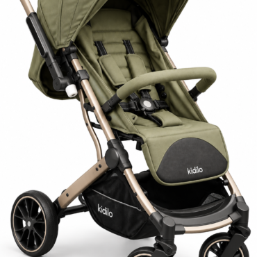 Olive-green stroller with padded seat, sun canopy, and tan metal frame branded Kidilo.