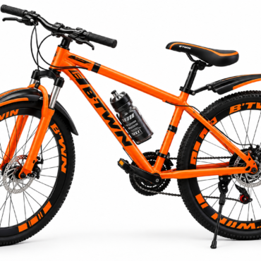 Orange BTWIN mountain bike with front suspension, water bottle, and black-and-orange saddle and tires, ready for/off-road riding