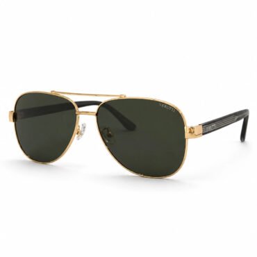 Gold aviator sunglasses with dark lenses and black temple tips, Verutti branding on the frame and lens edge