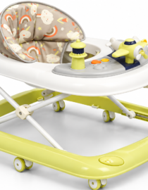 Baby walker with a padded seat and toy dashboard on a lime green frame