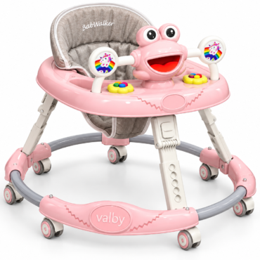 Pink baby walker with a friendly frog-faced tray, padded beige seat, and colorful activity buttons for a playful learning toy.