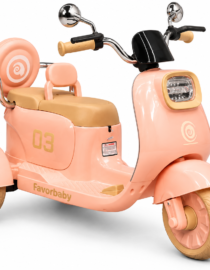 Pink childrens scooter with tan seat and backrest beige handlebars and round headlight on a white background brand Favorbaby visible on the side