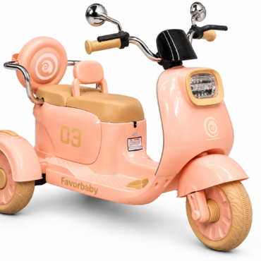 Pink children's scooter with tan seat and backrest, beige handlebars, and round headlight on a white background, brand 'Favorbaby' visible on the side