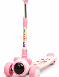 Pink childrens three wheeled scooter with a large front wheel and a deck featuring cute cartoon characters and a rainbow SCOOTER label on the stem