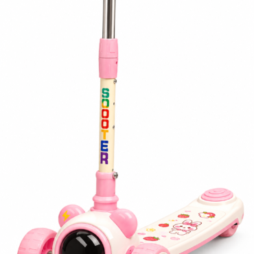 Pink children's three-wheeled scooter with a large front wheel and a deck featuring cute cartoon characters and a rainbow SCOOTER label on the stem.