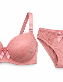 Pink lace bra with satin bow and matching lace panties with a bow detail lingerie set Example of coordinated pink lingerie
