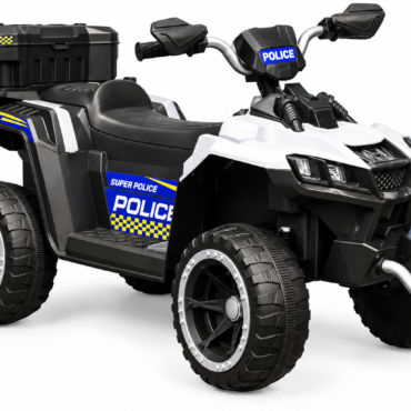 Toy police quad bike for kids with large tires, white body, and blue/yellow police decals and a rear storage box