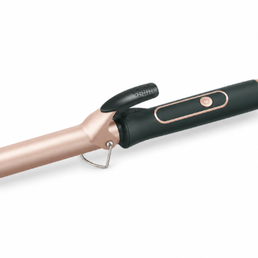 Rose gold and black curling iron with clamp and power button on a white background.