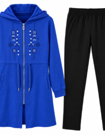 Blue hooded coat with front zipper drawstrings and decorative embroidery shown with black pants