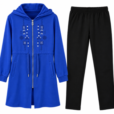 Blue hooded coat with front zipper drawstrings and decorative embroidery shown with black pants