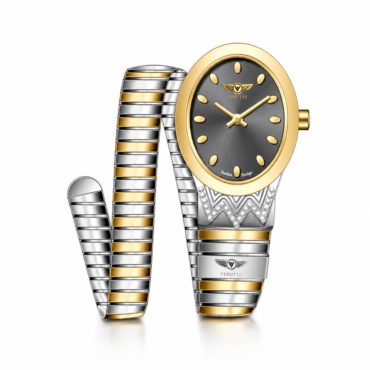 Two-tone gold and silver wraparound wristwatch with gray dial and gold bezel on a white background.