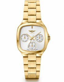 Gold toned wristwatch with a brushed silver dial three subdials and a wide link bracelet Verutti