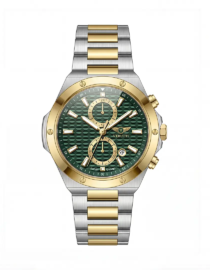 VR-1064-1_1png - المول الشامل في الاردن Two tone chronograph watch with gold bezel and bracelet green textured dial and three subdials
