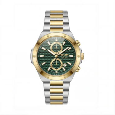 Two-tone chronograph watch with gold bezel and bracelet, green textured dial and three subdials.