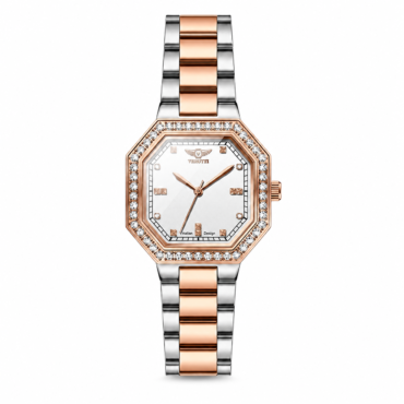 Two-tone rose gold and silver wristwatch with a diamond-studded octagonal bezel and white dial.