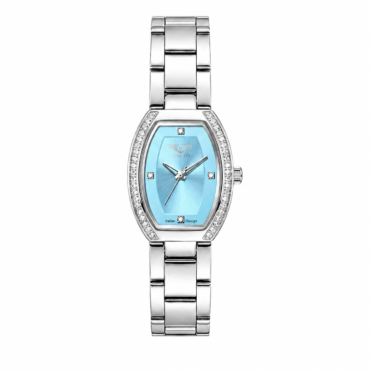 Silver stainless steel women's wristwatch with a light blue dial and diamond-studded bezel, centered on a matching bracelet band.
