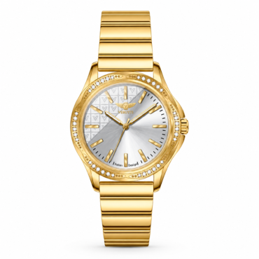 Gold-tone wristwatch with diamond-studded bezel, silver sunburst dial, and gold bracelet links.