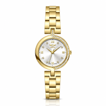 Gold-tone women's wristwatch with a diamond-studded bezel and silver dial on a matching gold bracelet