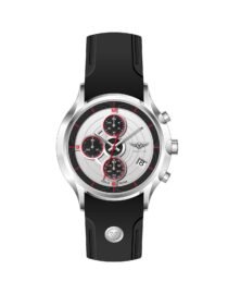 Silver wristwatch with black band multiple subdials red accents and date window visible on a white background