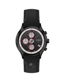 Black chronograph wristwatch with red accents and a black strap shown from front