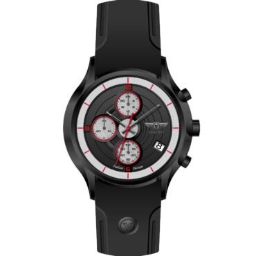 Black chronograph wristwatch with red accents and a black strap, shown from front.