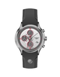 Analog chronograph watch with gray dial red hour markers three subdials and a black rubber strap