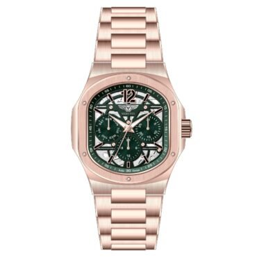 Rose gold wristwatch with a green skeleton dial, multiple subdials, and a brushed metal bracelet on a white background.