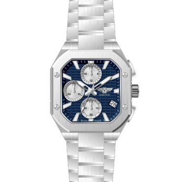 Rectangular stainless steel wristwatch with a blue textured dial and three silver subdials (chronograph).