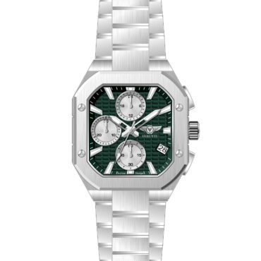 Stainless steel wristwatch with an octagonal brushed bezel, green textured dial, three subdials, date window at 4 o'clock, and a metal bracelet.