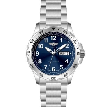 Silver stainless-steel wristwatch with a blue sunburst dial, white numerals, rotating bezel, and day-date window at 3 o'clock showing SUN 8.