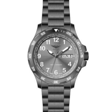 Stainless steel wristwatch with a brushed metal dial, large white numerals, and a rotating bezel; date and day display at 3 o'clock read SUN 8.